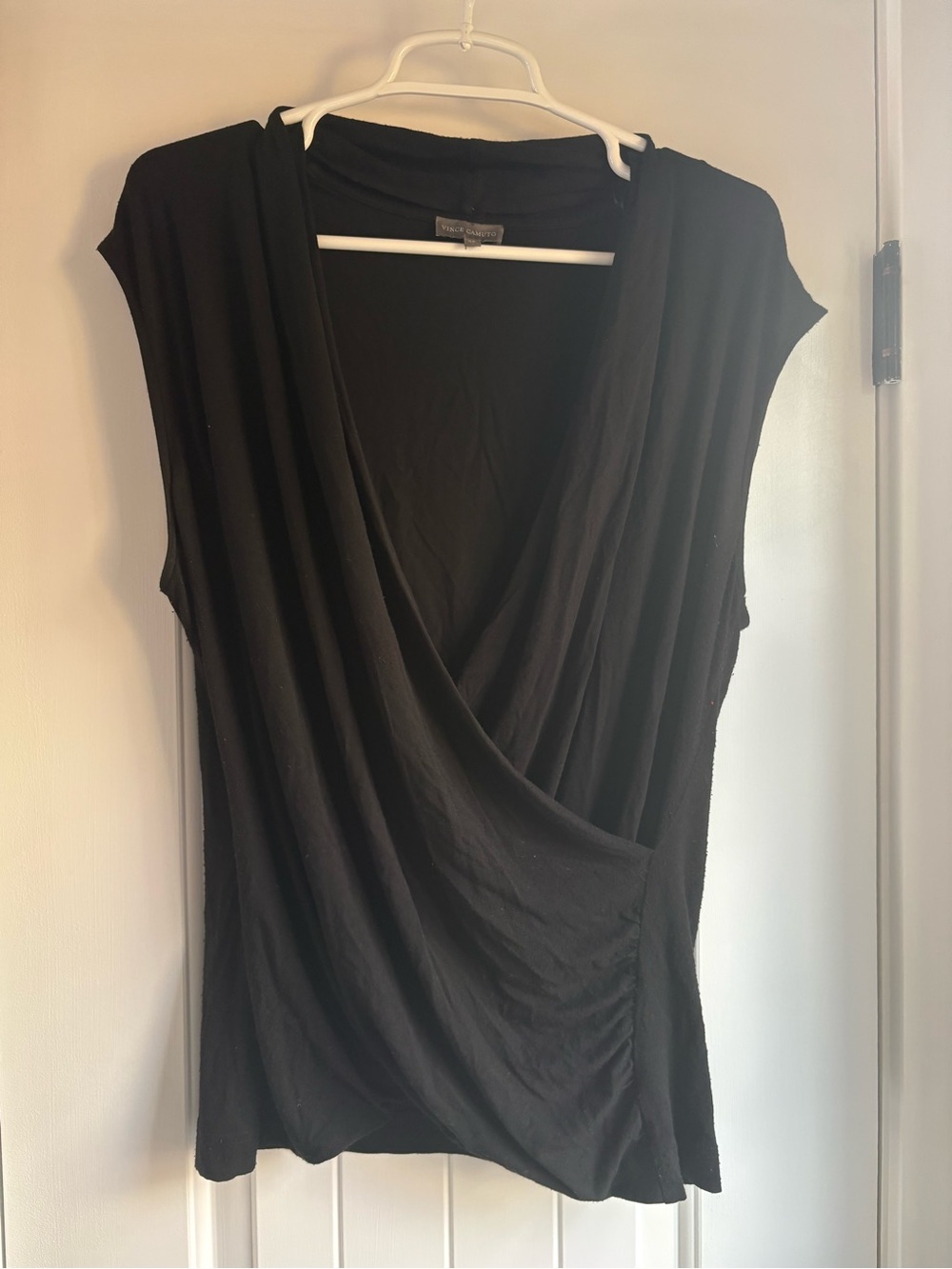 Vince Camuto Black Faux-Wrap Cap Sleeve Top